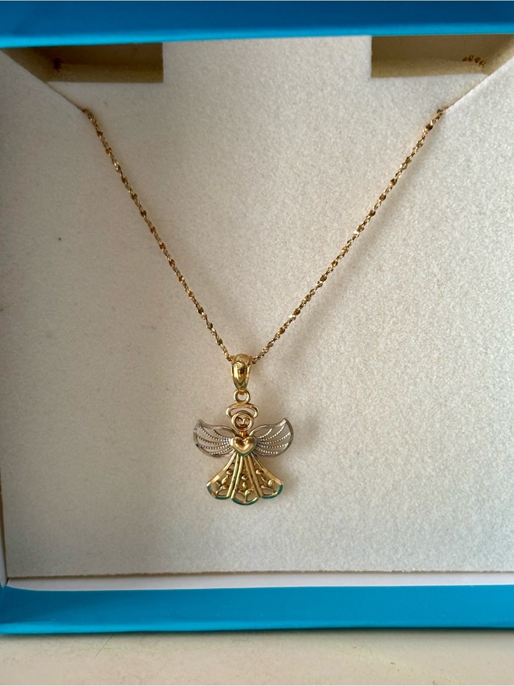 14K Italy 16” Child Gold Necklace with 10K Angel Pendant & Box